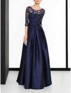 Elegant A Line Mother Of The Bride Dress Satin Lace Jewel Neck Floor Length Three Quarter Sleeve With Pleats