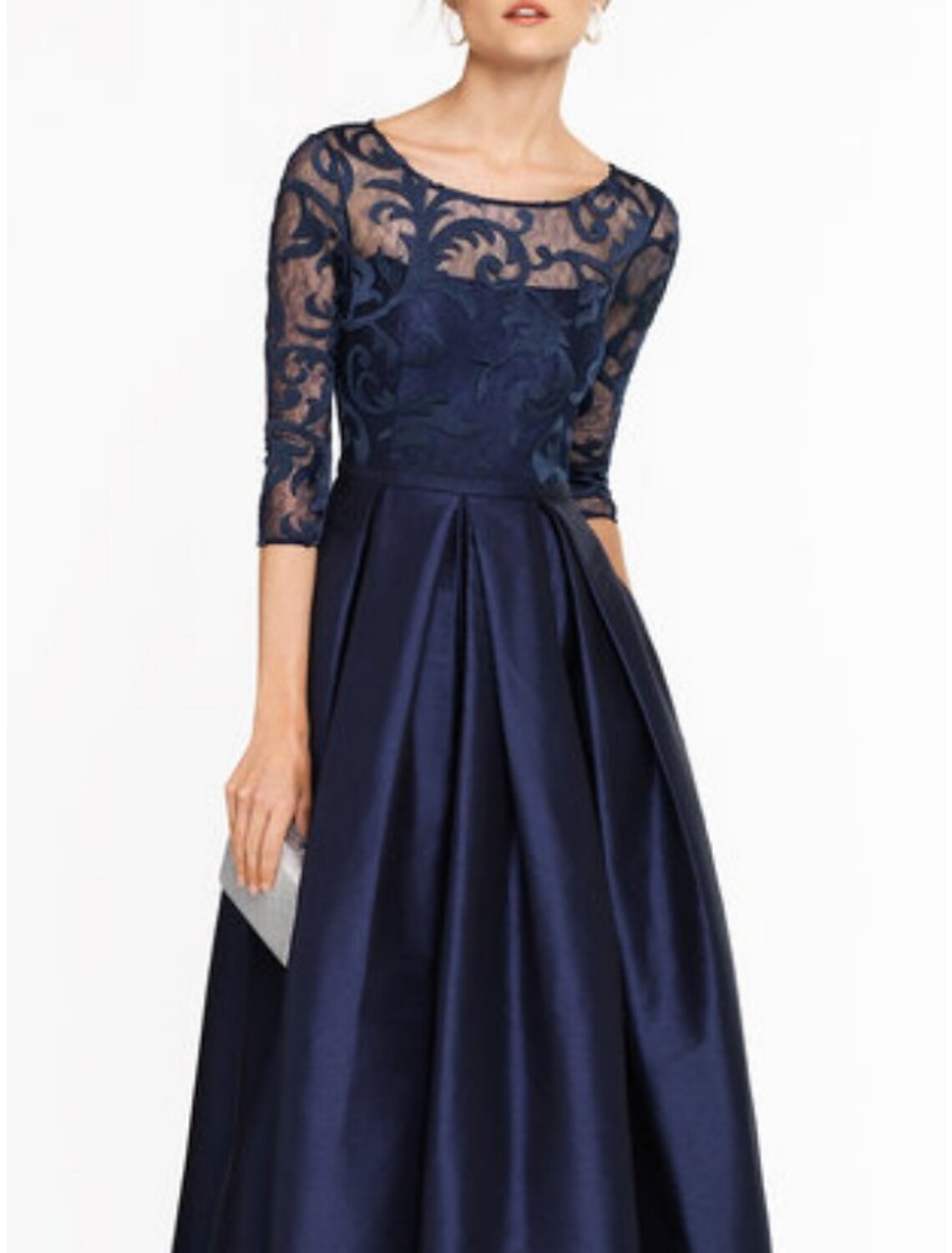 Elegant A Line Mother Of The Bride Dress Satin Lace Jewel Neck Floor Length Three Quarter Sleeve With Pleats