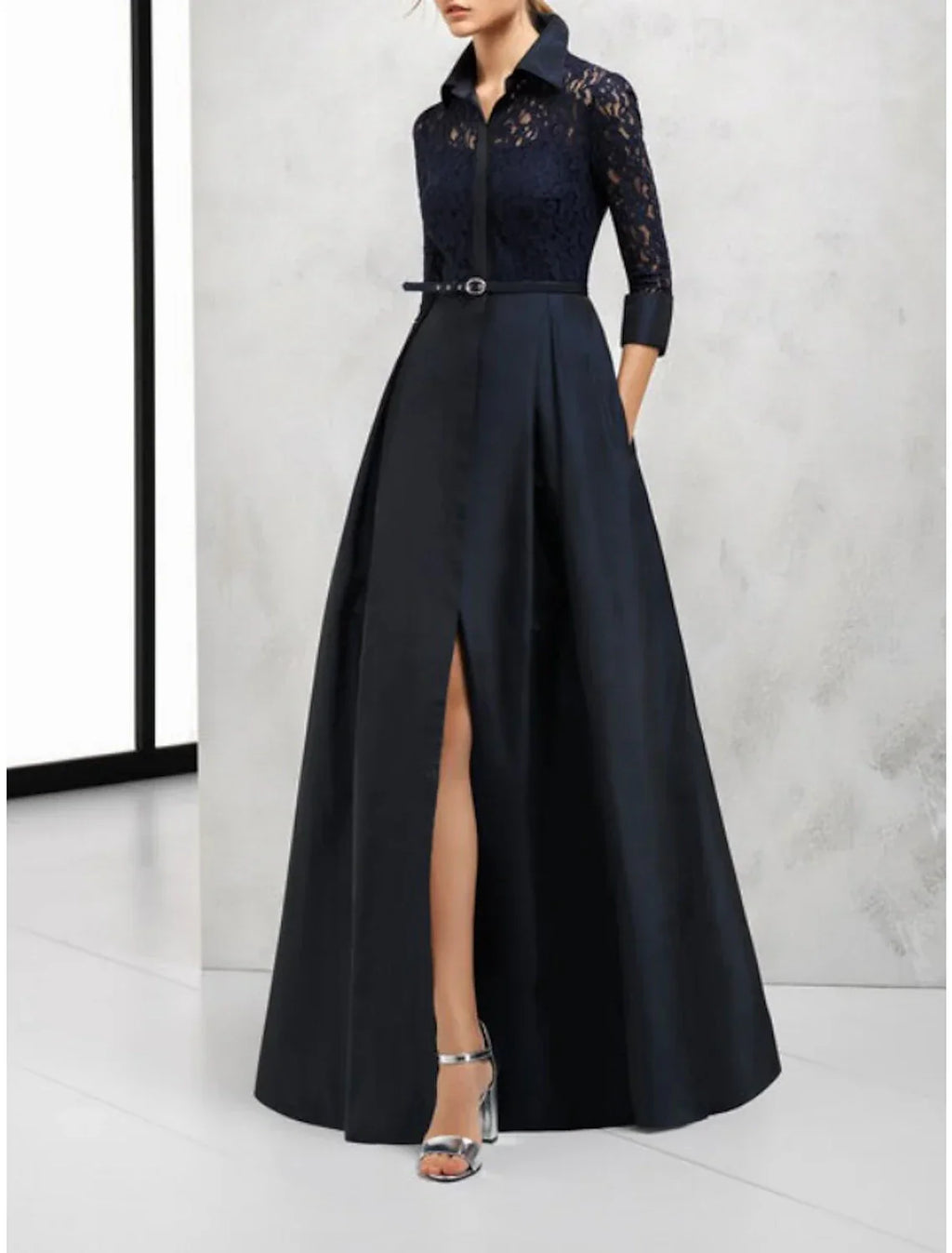 Elegant A Line Mother Of The Bride Dress Satin Lace Floor Length With Shirt Collar And Sash