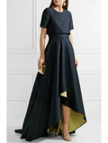Mother Of The Bride Two Piece Dress Elegant Sheath Gown With Jewel Neck High Low Taffeta Pleated Short Sleeve