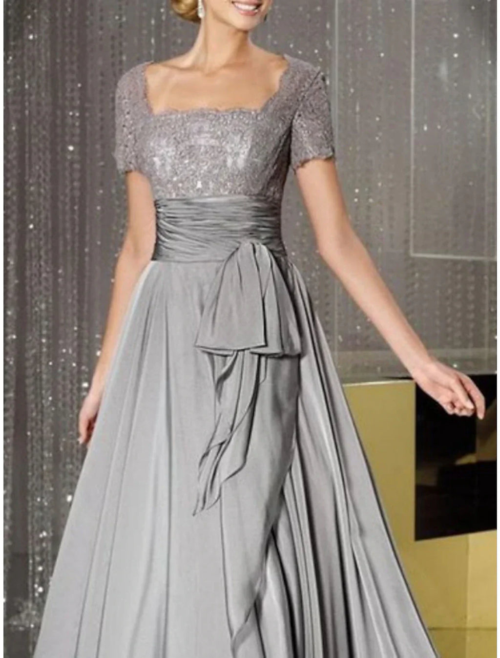 Mother Of The Bride Dress Sheath Gown Elegant Sparkle Shine Lace Chiffon Square Neck Floor Length With Sash For Weddings