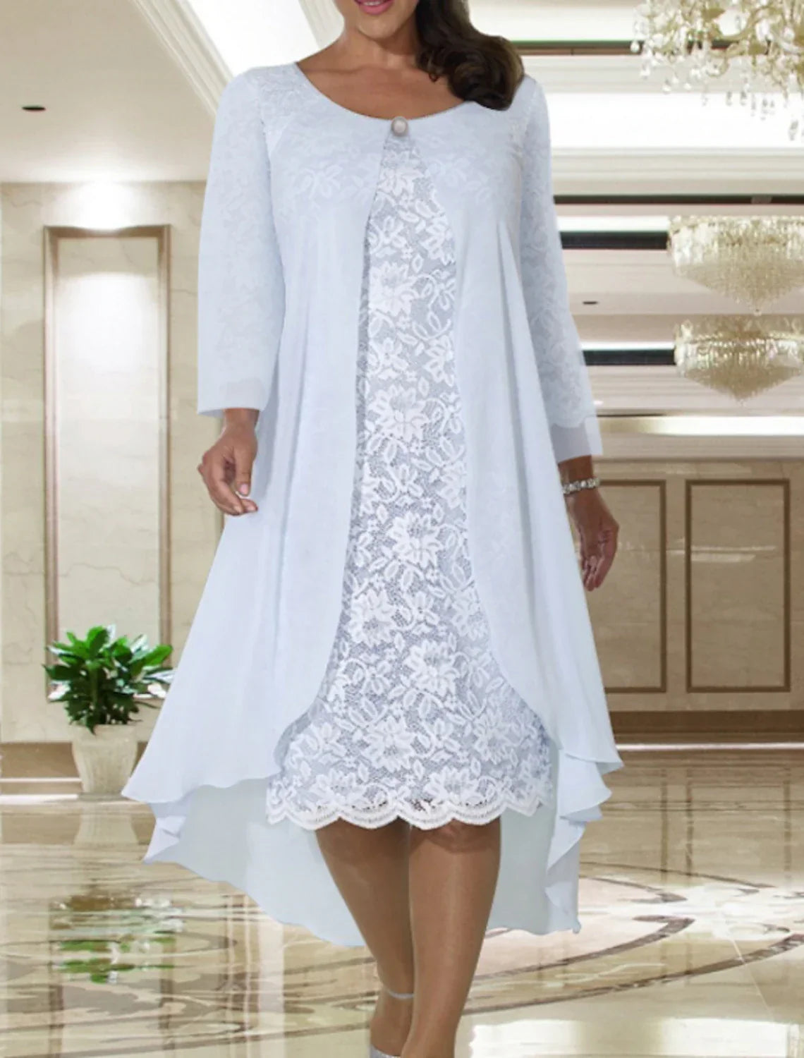 Plus Size Two Piece Mother Of The Bride Dress A Line Chiffon Lace Jacket Tea Length Elegant Fall Wedding Guest