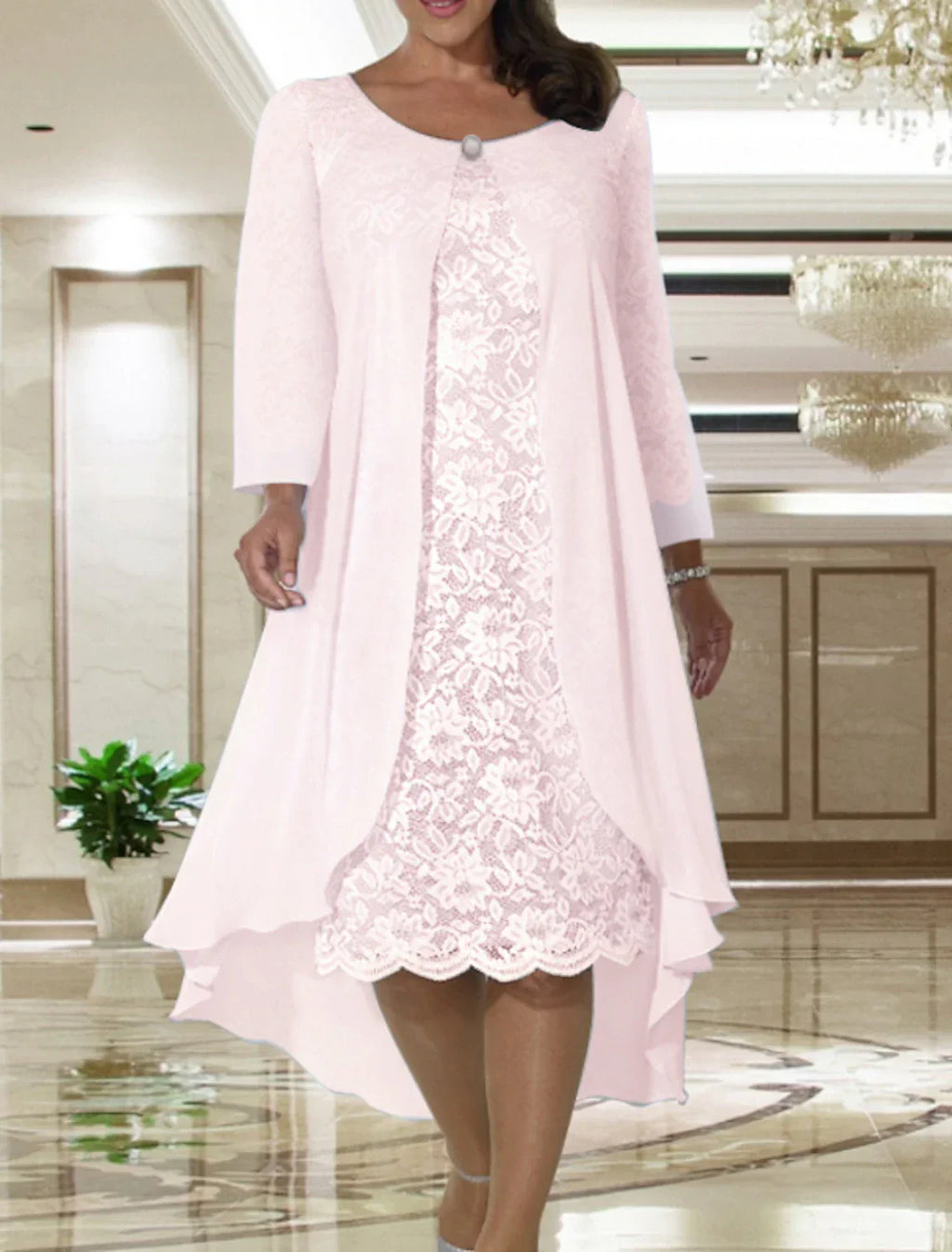 Plus Size Two Piece Mother Of The Bride Dress A Line Chiffon Lace Jacket Tea Length Elegant Fall Wedding Guest