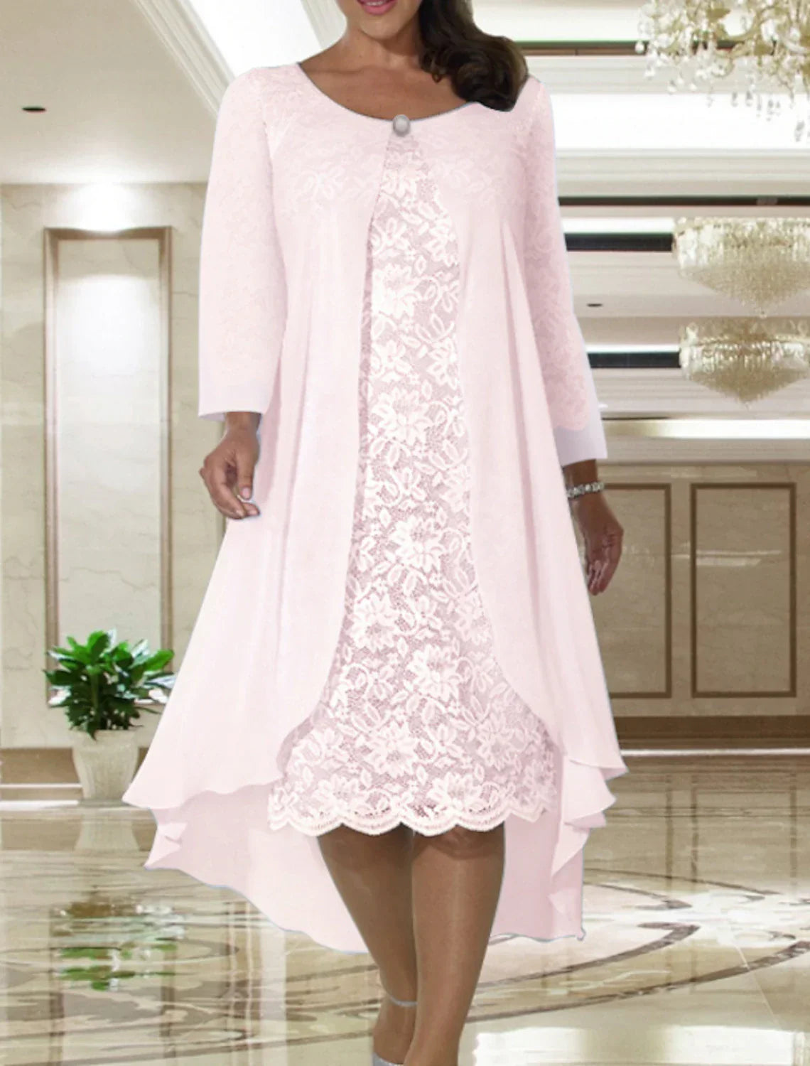 Plus Size Two Piece Mother Of The Bride Dress A Line Chiffon Lace Jacket Tea Length Elegant Fall Wedding Guest