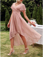 Elegant Pleated High Low V Neck Short Sleeve Chiffon Bridesmaid Dresses Gown for Wedding Party