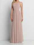 Bridesmaid Dress Illusion Neck Floor Length Pink Chiffon Shantung Imitated Silk Draping And Ruching