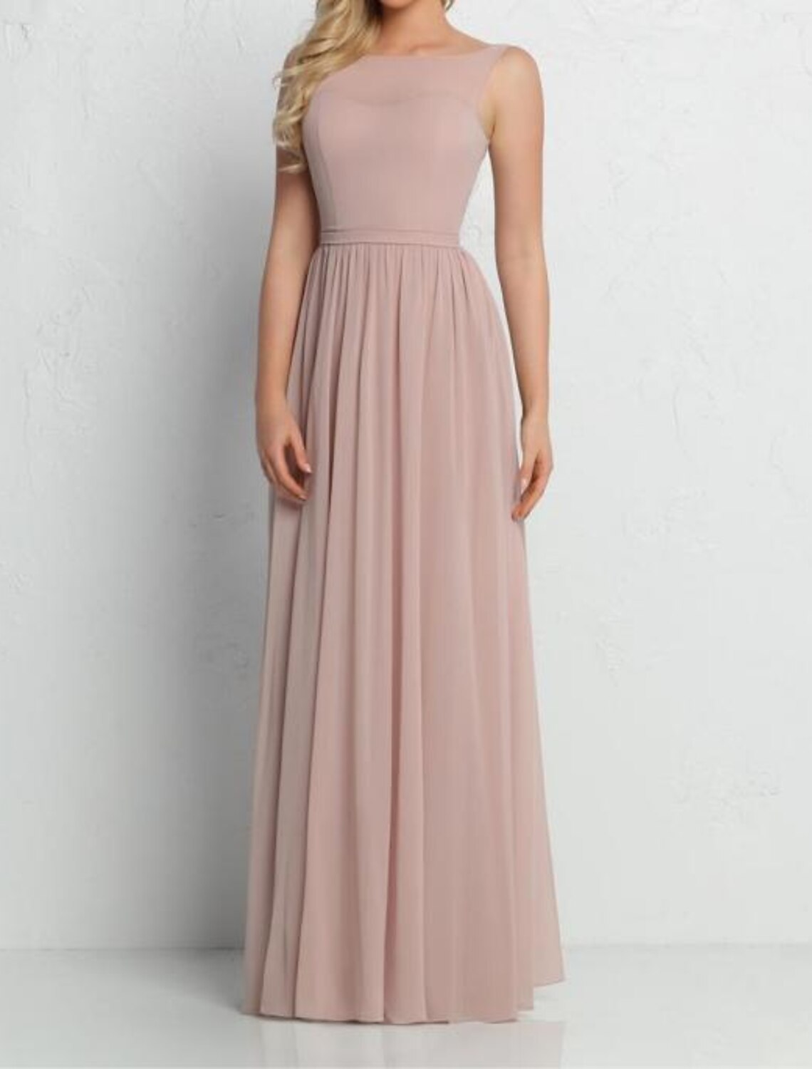 Bridesmaid Dress Illusion Neck Floor Length Pink Chiffon Shantung Imitated Silk Draping And Ruching