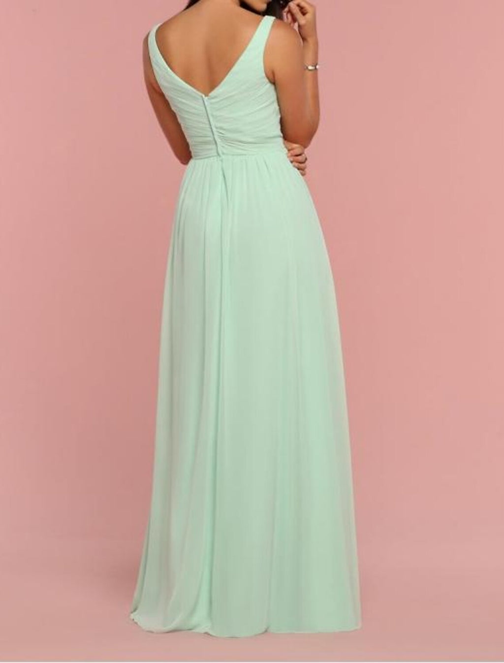 A Line Bridesmaid Dress With Plunging V Neck Open Back Floor Length Chiffon Elegant Draping Pleats