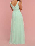 A Line Bridesmaid Dress With Plunging V Neck Open Back Floor Length Chiffon Elegant Draping Pleats