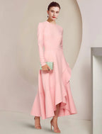 Mother Of The Bride Dress A Line Elegant High Low Scoop Neck Long Sleeve Stretch Fabric With Ruffles For Weddings