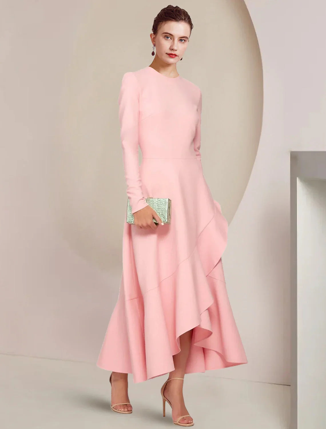 Mother Of The Bride Dress A Line Elegant High Low Scoop Neck Long Sleeve Stretch Fabric With Ruffles For Weddings