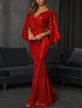 Mermaid Evening Gown Sparkle Christmas Red Green Dress Dress Formal Wedding Guest Floor Length Long Sleeve V Neck Fall Wedding Reception Sequined with Bow(s) Sequin