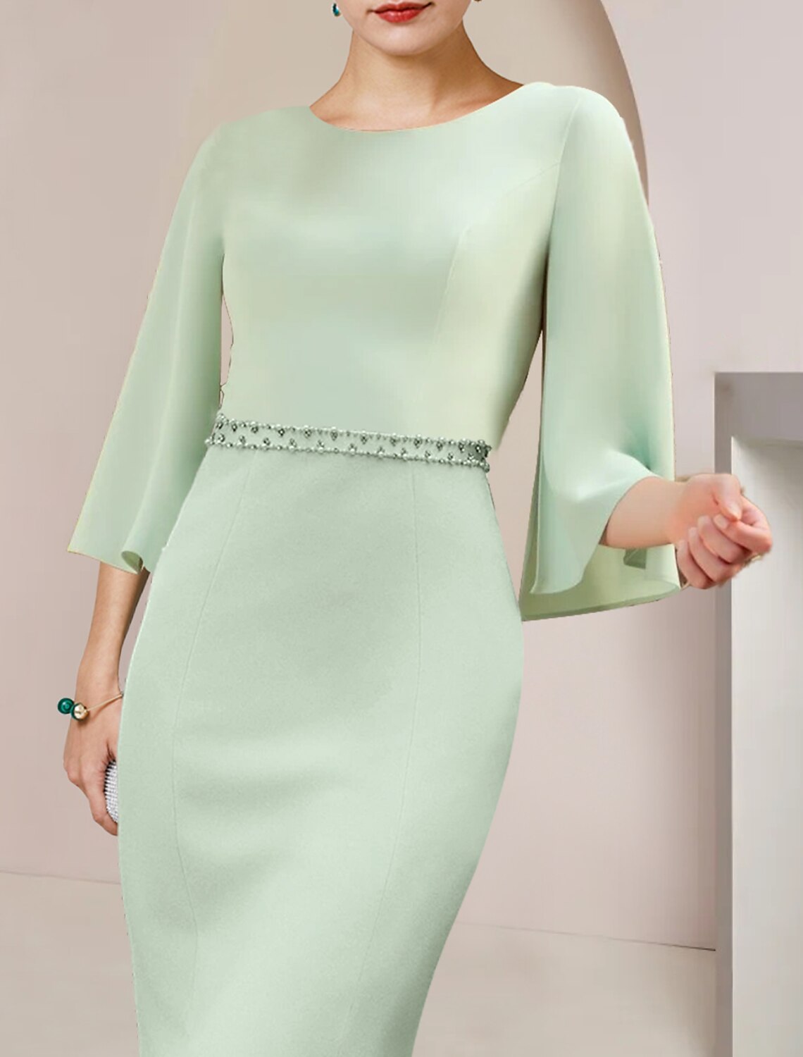 Mother Of The Bride Dress Mermaid Silhouette Beaded Chiffon Tea Length Three Quarter Sleeve Wedding Guest