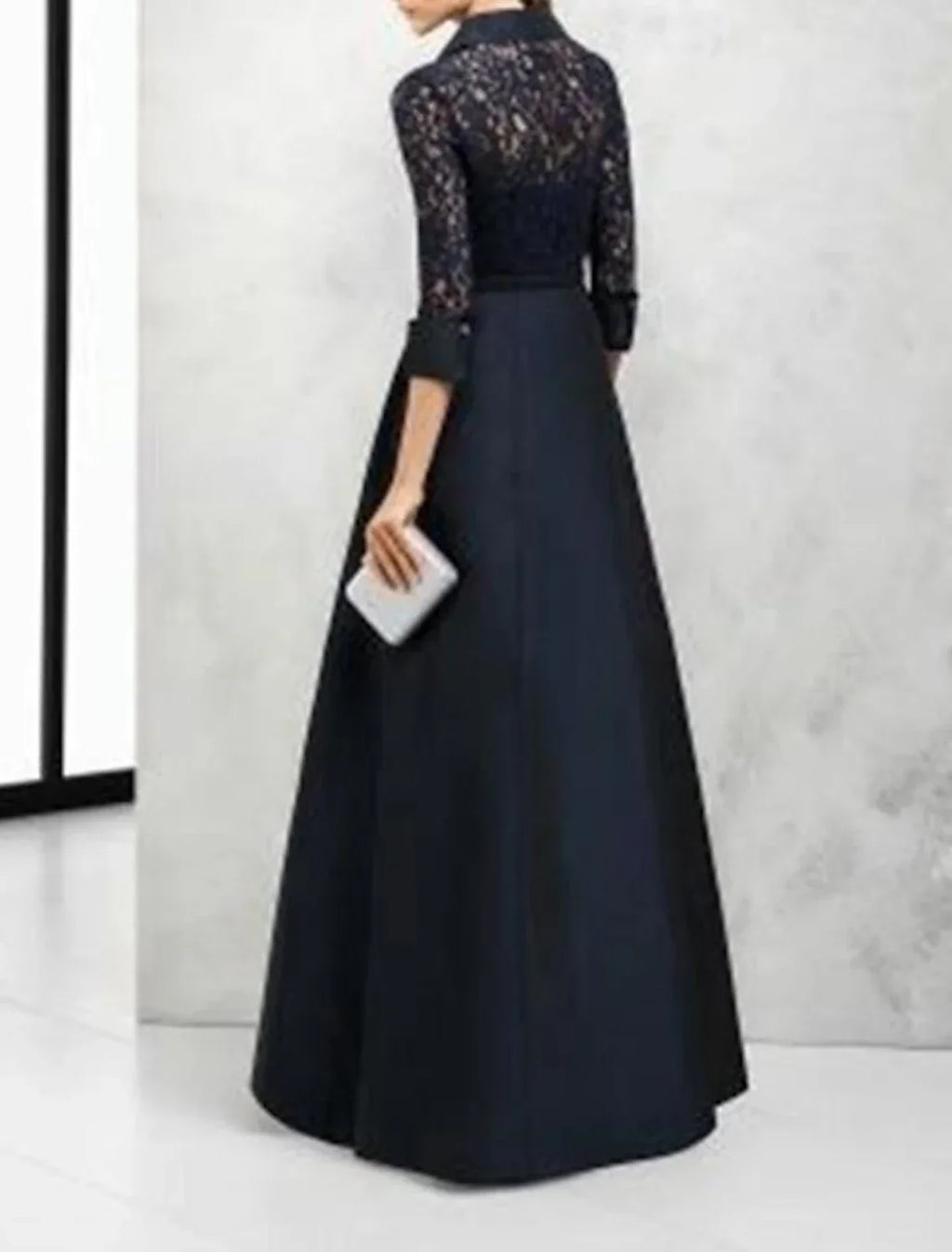 Elegant A Line Mother Of The Bride Dress Satin Lace Floor Length With Shirt Collar And Sash