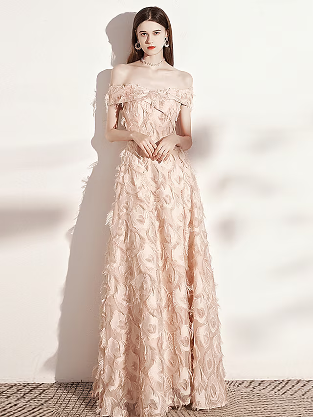 A-Line Evening Gown Minimalist Dress Formal Evening Floor Length Short Sleeve Off Shoulder Nylon with Feather