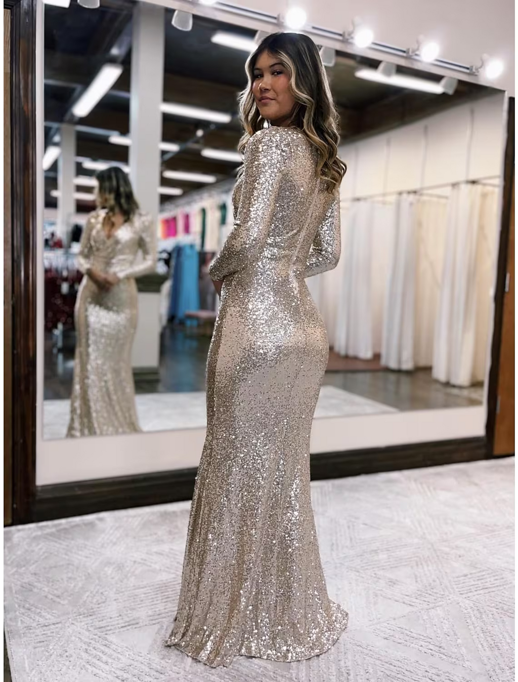 Evening Gown Sexy Dress Formal Floor Length Long Sleeve V Neck Sequined with