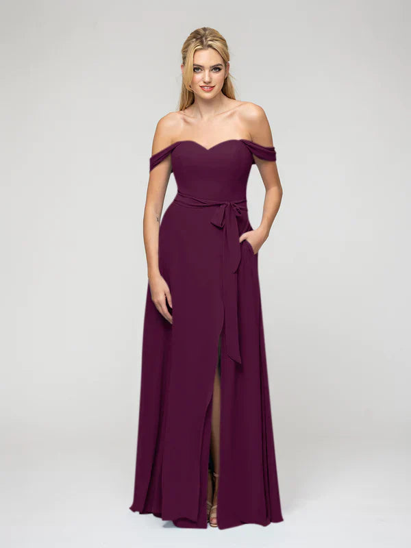 A Line Chiffon Bridesmaid Dress Slit Off The Shoulder Elegant Wedding Party Gown For Bridesmaids