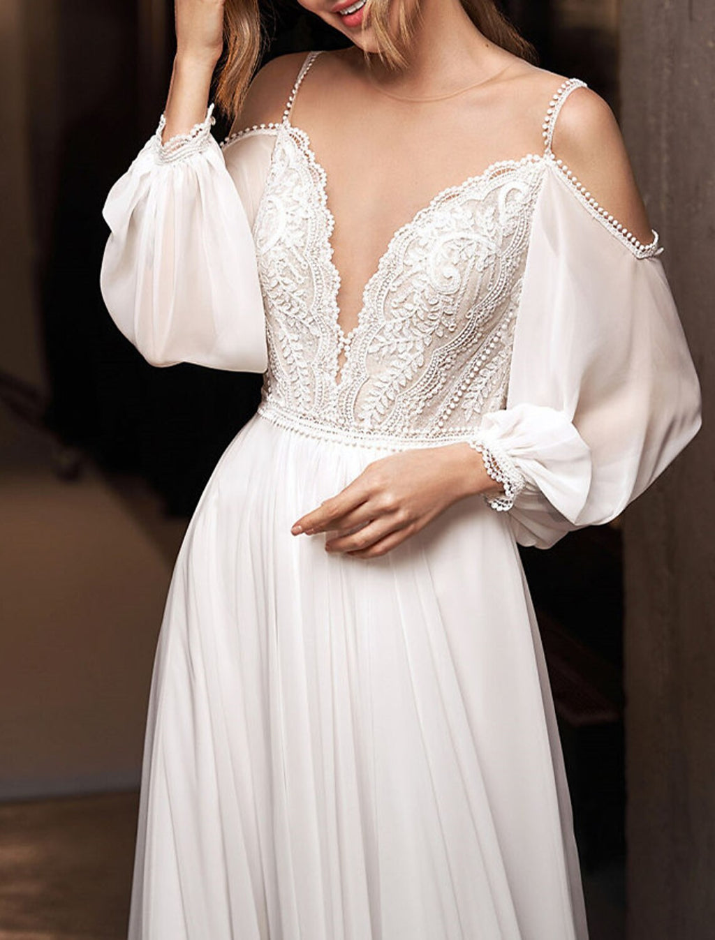 Boho Beach Wedding Dress Aline Off Shoulder Long Sleeve Chiffon Beaded Appliques Brush Train For Brides