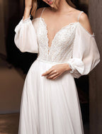 Boho Beach Wedding Dress Aline Off Shoulder Long Sleeve Chiffon Beaded Appliques Brush Train For Brides