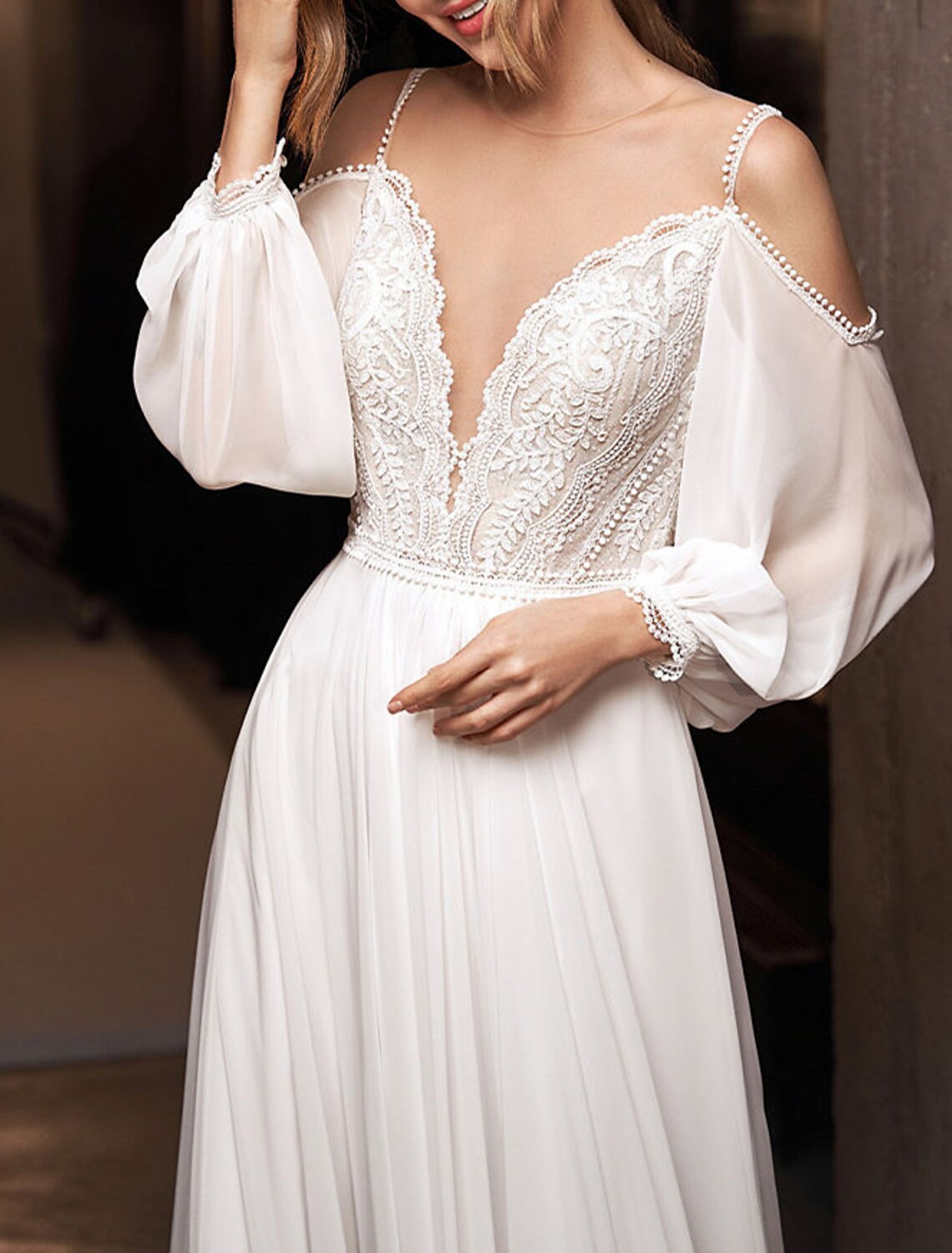 Boho Beach Wedding Dress Aline Off Shoulder Long Sleeve Chiffon Beaded Appliques Brush Train For Brides