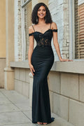Glitter Black Mermaid Evening Dress Off Shoulder With Sequin Lace Applique And Rhinestones For Women