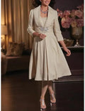 Plus Size Mother Of The Bride Elegant Two Piece A Line Dress Set With Jacket Tea Length Crystal Brooch Wedding Guest