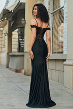 Glitter Black Mermaid Evening Dress Off Shoulder With Sequin Lace Applique And Rhinestones For Women