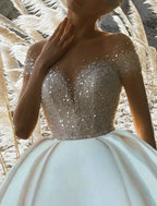 Engagement Satin Ball Gown Wedding Dress Off Shoulder Short Sleeve With Chapel Train For Brides