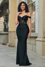 Glitter Black Mermaid Evening Dress Off Shoulder With Sequin Lace Applique And Rhinestones For Women