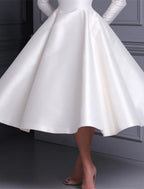 Vintage 1940s 1950s Satin Tea Length Bridal Dress With Long Sleeves For Brides To Be A Line Scoop Neck Elegant Gown