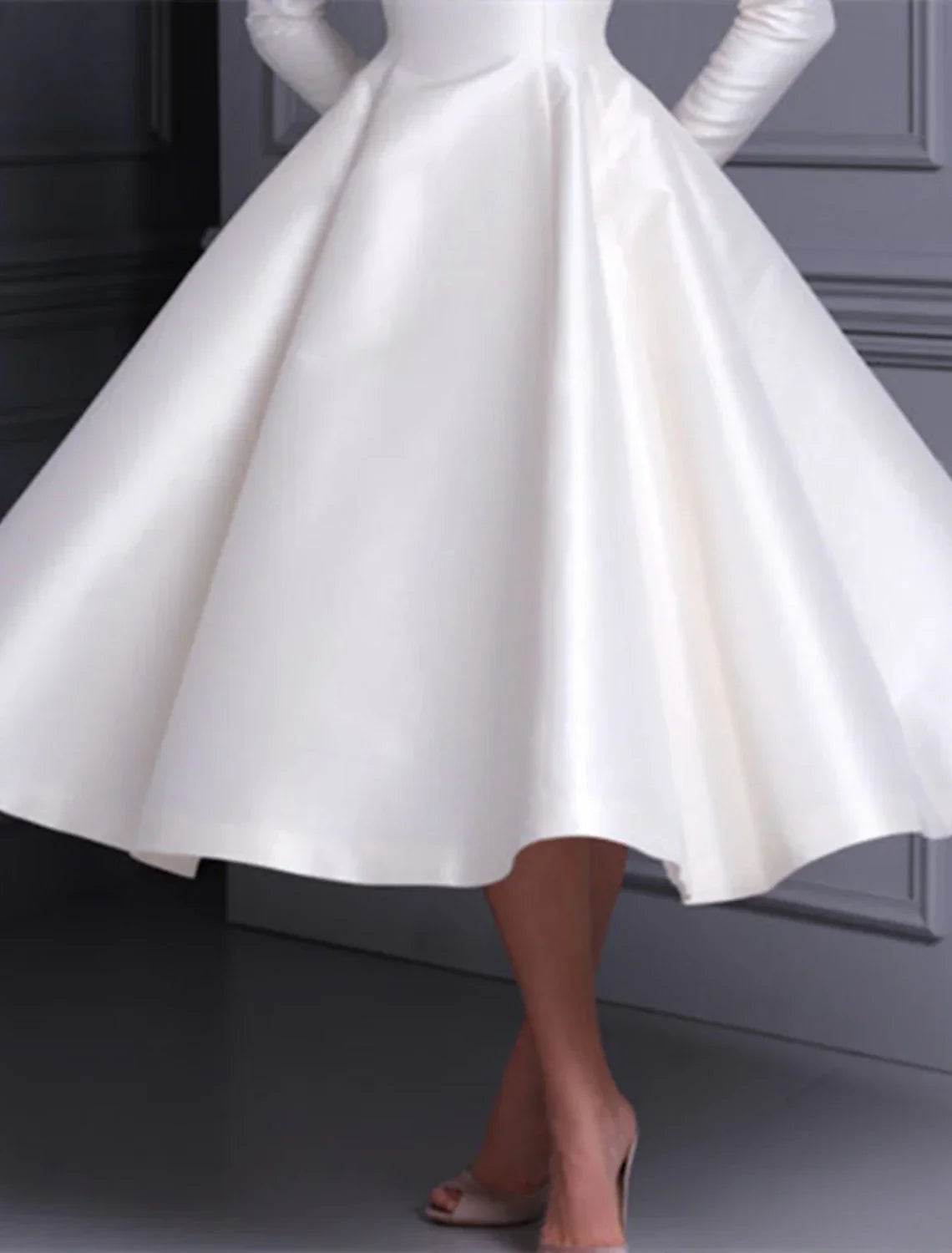 Vintage 1940s 1950s Satin Tea Length Bridal Dress With Long Sleeves For Brides To Be A Line Scoop Neck Elegant Gown