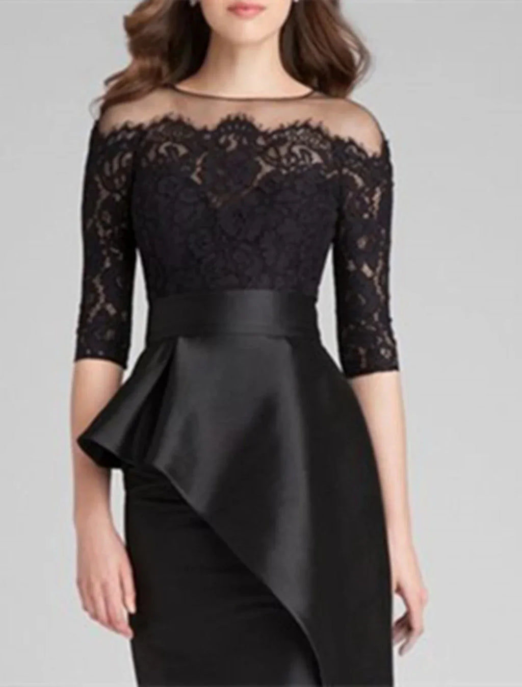Elegant Satin Lace Mermaid Mother Of The Bride Dress With Jewel Neck Floor Length Ruffles