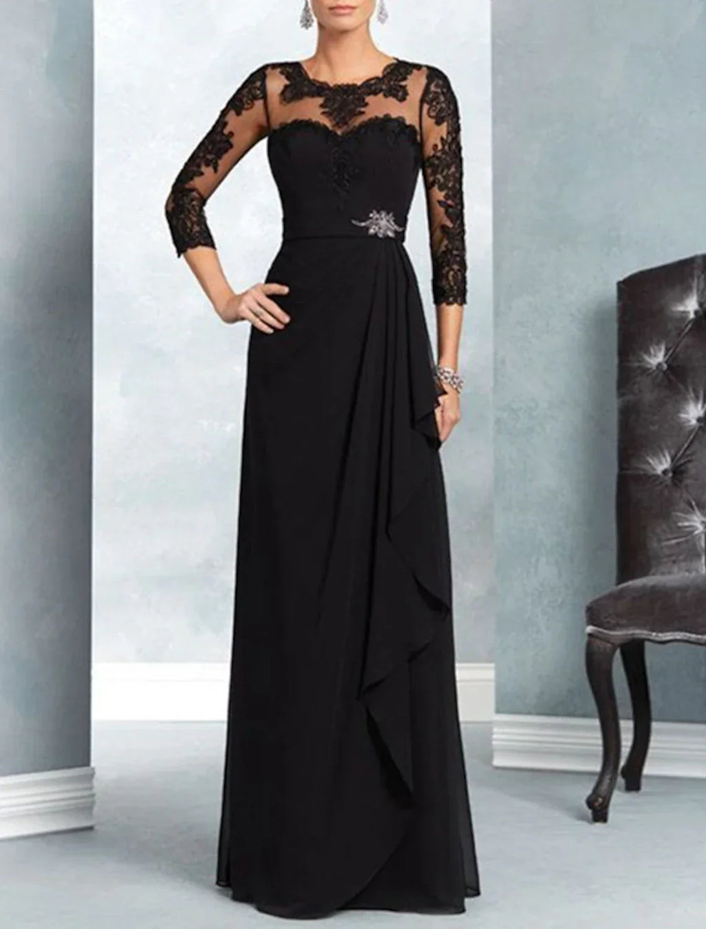 Mother Of The Bride Dress A Line Elegant Jewel Neck Floor Length Chiffon Lace Three Quarter Sleeve With Sash Appliques
