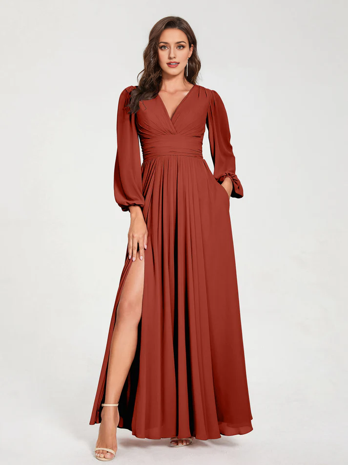Chiffon Puff-Sleeve V-Neck Ruched Bodice High-Slit A-Line Floor-Length Bridesmaid Dresses