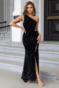 Black Sequin Mermaid One Shoulder Dress With Hollow Out And Slit Stunning For Elegant Women