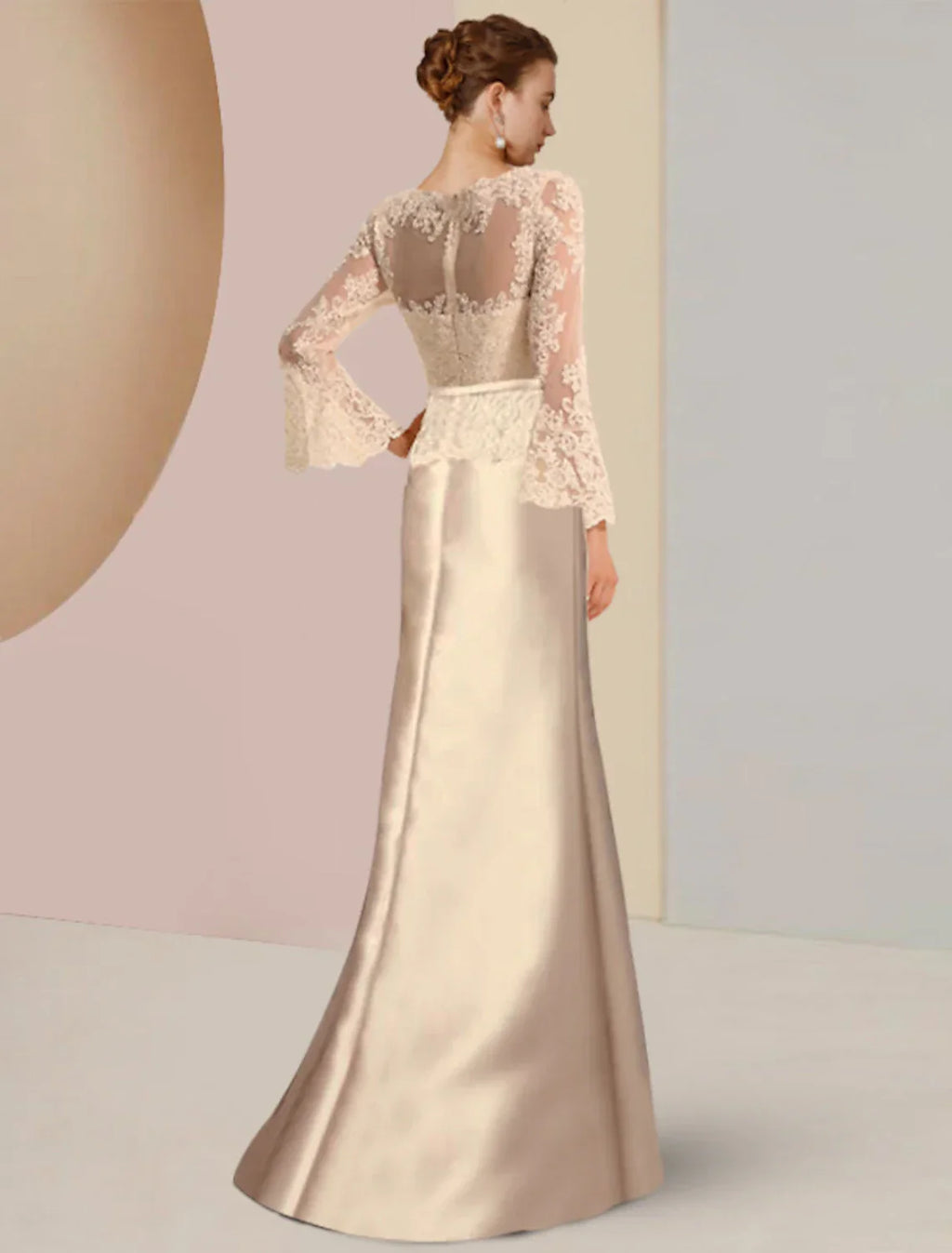 Mother Of The Bride Satin Lace Beaded Appliques Sheath Dress With Scoop Neck And Sweep Train For Wedding Guests