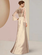 Mother Of The Bride Satin Lace Beaded Appliques Sheath Dress With Scoop Neck And Sweep Train For Wedding Guests