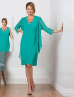 Mother Of The Bride Dress Two Piece Elegant Chiffon V Neck Knee Length Three Quarter Sleeve Fall Wedding