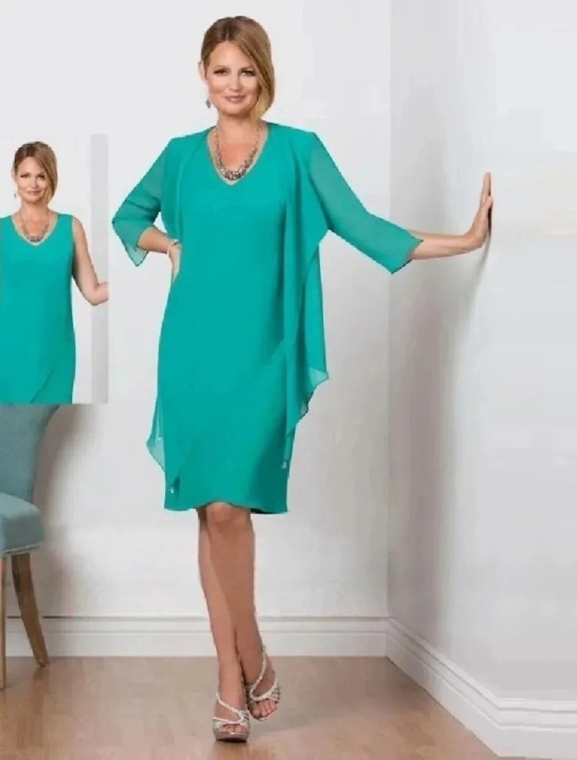 Mother Of The Bride Dress Two Piece Elegant Chiffon V Neck Knee Length Three Quarter Sleeve Fall Wedding