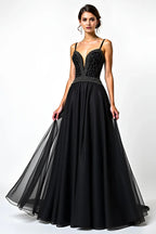 Gorgeous Black Beaded Backless Tulle A Line Evening Dress With V Neck Spaghetti Straps For Elegant Women