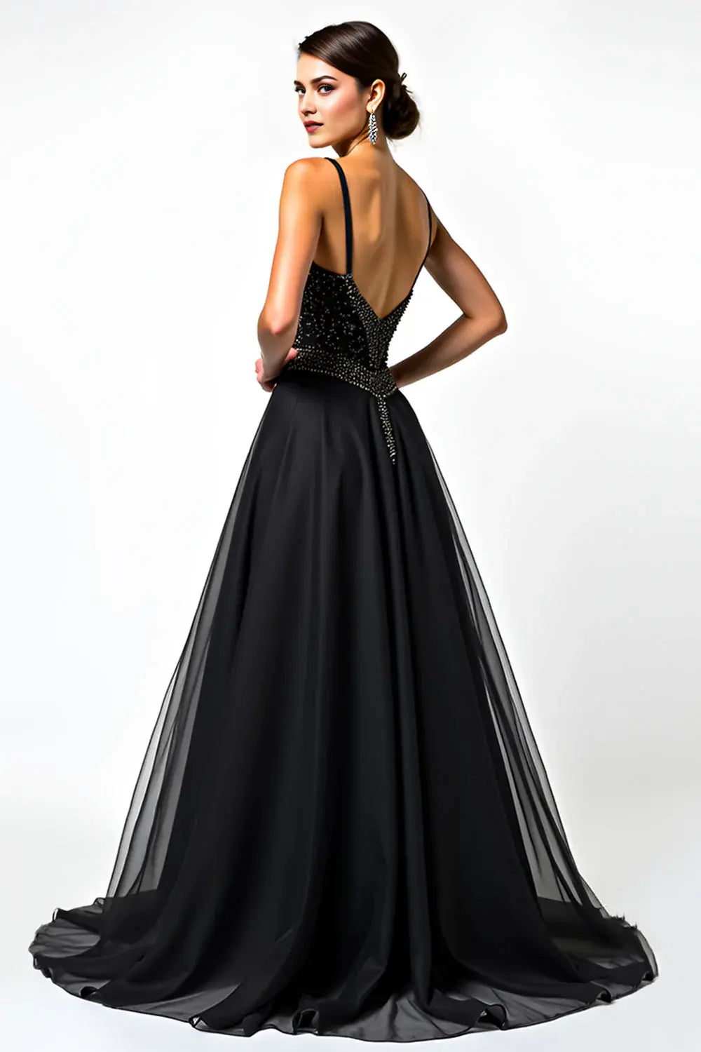 Gorgeous Black Beaded Backless Tulle A Line Evening Dress With V Neck Spaghetti Straps For Elegant Women