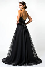 Gorgeous Black Beaded Backless Tulle A Line Evening Dress With V Neck Spaghetti Straps For Elegant Women
