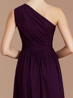 A Line One Shoulder Sleeveless Ruched Chiffon Bridesmaid Dress For Elegant Wedding Party Attire