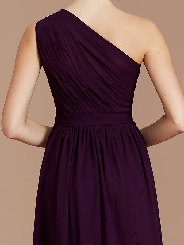 A Line One Shoulder Sleeveless Ruched Chiffon Bridesmaid Dress For Elegant Wedding Party Attire