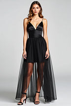 Black Satin Tulle Evening Dress With V Neck Backless Spaghetti Strap A Line Silhouette For Elegant Women