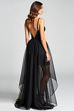 Black Satin Tulle Evening Dress With V Neck Backless Spaghetti Strap A Line Silhouette For Elegant Women