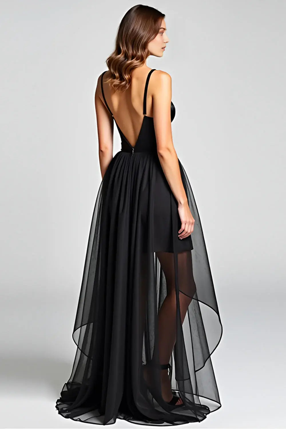 Black Satin Tulle Evening Dress With V Neck Backless Spaghetti Strap A Line Silhouette For Elegant Women