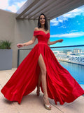 A Line Princess Satin Off The Shoulder Gown With Elegant Ruffles Floor Length For Formal Evening Wear