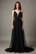 Elegant Black Tulle A Line Spaghetti Strap Deep V Neck Backless Long Evening Dress For Women