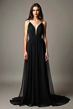Elegant Black Tulle A Line Spaghetti Strap Deep V Neck Backless Long Evening Dress For Women